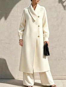 SHEIN Women's Autumn/Winter Solid Color Beige Woolen Fabric Asymmetrical Peter Pan Lapel Single Breasted Raglan Long Sleeve Pocket Jacket Elegant Coat - Beige - View 5