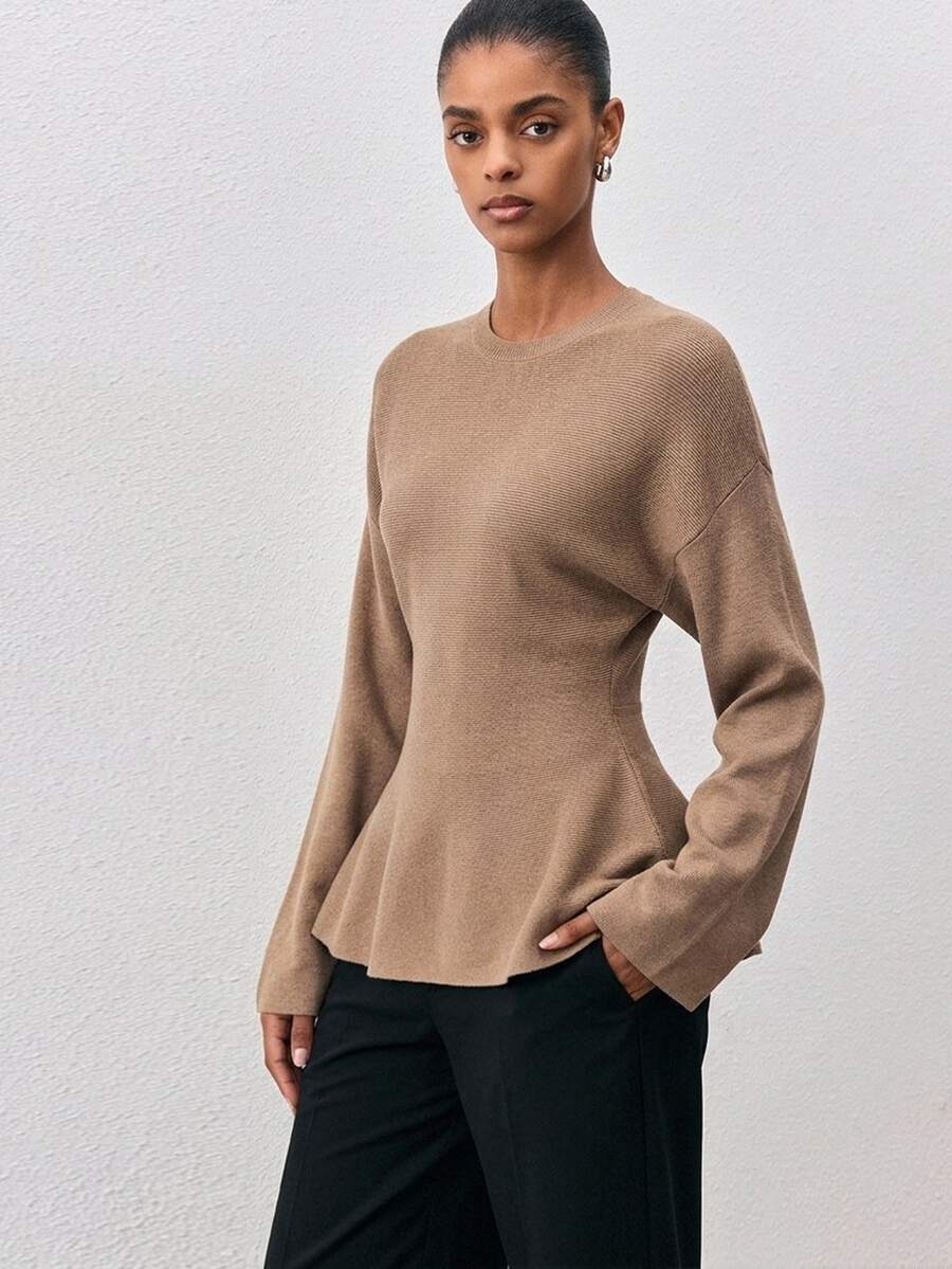 ATUI Studio Women's Crew Neck Long Sleeve Sweater With Back Bowknot Waist And Flared Hem, Minimalist Casual Commuter Style - Camel - View 1