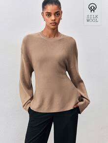 ATUI Studio Women's Crew Neck Long Sleeve Sweater With Back Bowknot Waist And Flared Hem, Minimalist Casual Commuter Style - Camel - View 2