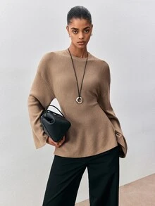 ATUI Studio Women's Crew Neck Long Sleeve Sweater With Back Bowknot Waist And Flared Hem, Minimalist Casual Commuter Style - Camel - View 4