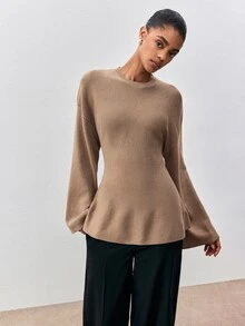 ATUI Studio Women's Crew Neck Long Sleeve Sweater With Back Bowknot Waist And Flared Hem, Minimalist Casual Commuter Style - Camel - View 5