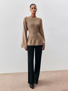 ATUI Studio Women's Crew Neck Long Sleeve Sweater With Back Bowknot Waist And Flared Hem, Minimalist Casual Commuter Style - Camel - View 8