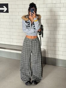 StreetHx 女款格紋口袋鈕扣休閒牛仔褲 2000s 90s 風格 日常穿著 夜生活 旅行 灰色 - 黑色 - 查看 6