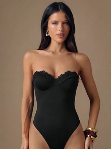 SHEIN BAE Spring Summer Black Sexy Minimalist Basic Lace Neckline Women's Bandeau Bodysuit Spring Break Beach Date Night Night Out Going Out Top 2000s Corset - Black - View 6