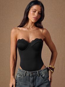 SHEIN BAE Spring Summer Black Sexy Minimalist Basic Lace Neckline Women's Bandeau Bodysuit Spring Break Beach Date Night Night Out Going Out Top 2000s Corset - Black - View 4