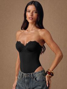 SHEIN BAE Spring Summer Black Sexy Minimalist Basic Lace Neckline Women's Bandeau Bodysuit Spring Break Beach Date Night Night Out Going Out Top 2000s Corset - Black - View 7