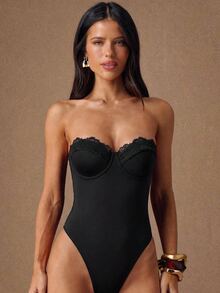 SHEIN BAE Spring Summer Black Sexy Minimalist Basic Lace Neckline Women's Bandeau Bodysuit Spring Break Beach Date Night Night Out Going Out Top 2000s Corset - Black - View 1