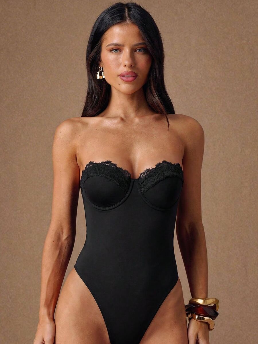 SHEIN BAE Spring Summer Black Sexy Minimalist Basic Lace Neckline Women's Bandeau Bodysuit Spring Break Beach Date Night Night Out Going Out Top 2000s Corset - Black - View 1