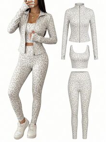 SHEIN EZwear Women's Leopard Print Zipper Front Jacket, Vest And Leggings Knit Sport 3 Pieces Set - Grey - View 8