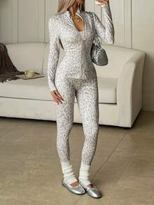 SHEIN EZwear Women's Leopard Print Zipper Front Jacket, Vest And Leggings Knit Sport 3 Pieces Set - Grey - View 5