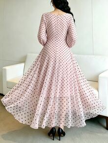 Modelyn Spring/Summer Polka Dot Cinched Cinched Waist Elegant Fashionable Flared Long Dress - Multicolor - View 3
