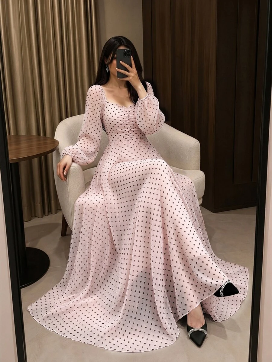 Modelyn Spring/Summer Polka Dot Cinched Cinched Waist Elegant Fashionable Flared Long Dress