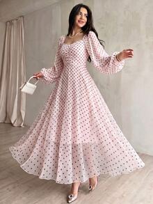 Modelyn Spring/Summer Polka Dot Cinched Cinched Waist Elegant Fashionable Flared Long Dress - Multicolor - View 9