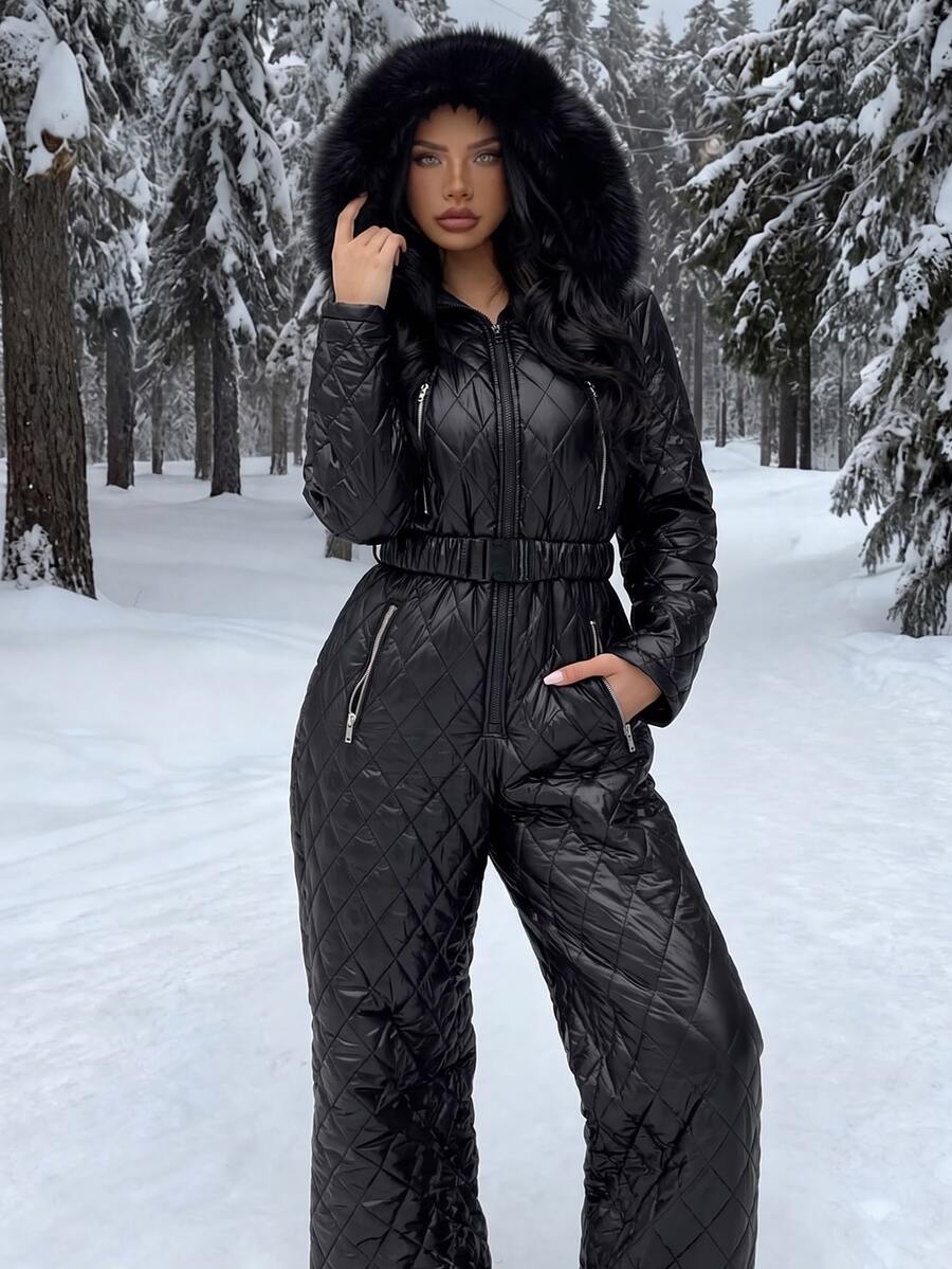 SHEIN EZwear 大尺碼女款純色長袖前開拉鍊連帽休閒連身褲 秋季 - 黑色 - 查看 1