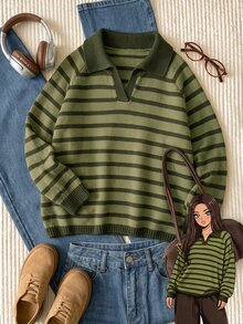 Comfortcana Fall/ Plus Size Green Raglan Long Sleeve Casual Elegant Plus Size Sweater Graduation Vacation - Army Green - View 6
