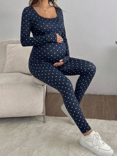 SHEIN جمبسوت كاجوال للحوامل بطبعة نقاط بولكا وياقة مربعة وأكمام طويلة للخروج في الخريف/الشتاء