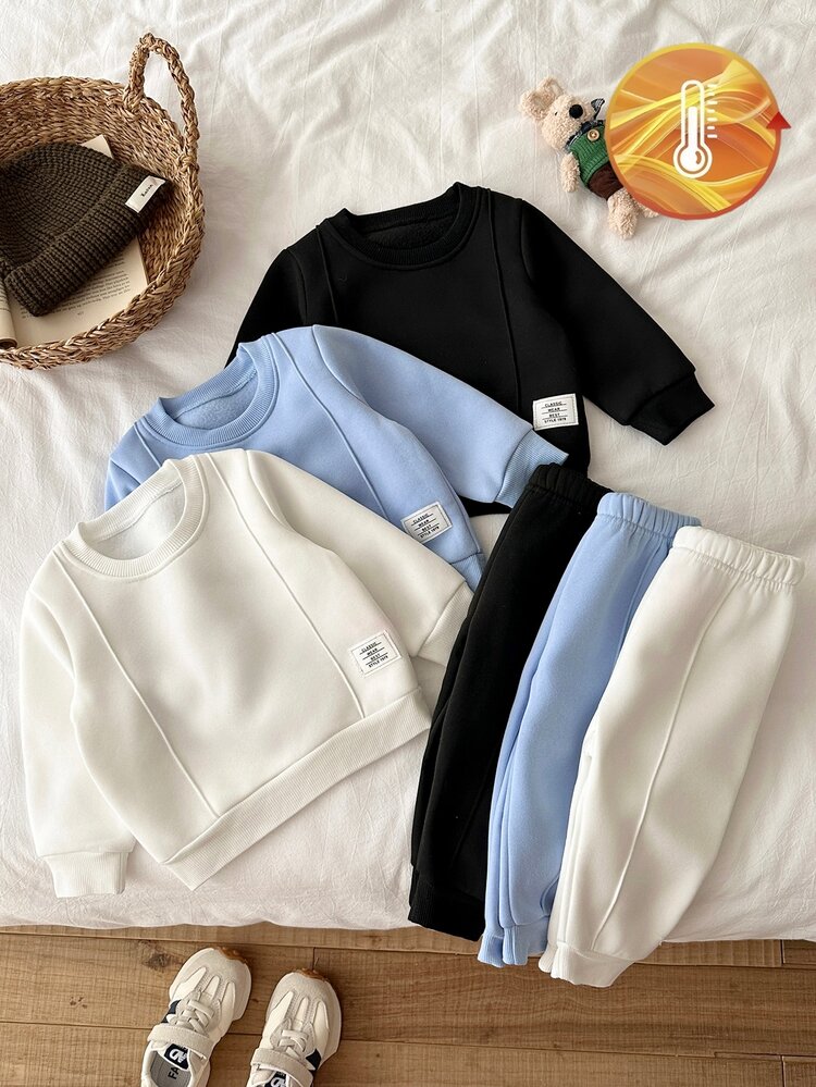 SHEIN Baby Boy Sweatshirt Set Boys Elastic Waist 2Pcs Top Casual Knit Long Sleeve Minimalist Fashion Thick Versatile Pants Daily Vacation Kids Hoodie Set - Multicolor - View 8