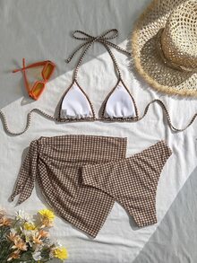 Swim Vcay 女款夏季海灘度假鮮豔花卉掛脖繫帶露背性感比基尼泳衣3件套 - 棕色 - 查看 2
