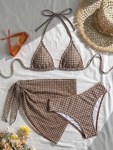 Swim Vcay 女款夏季海灘度假鮮豔花卉掛脖繫帶露背性感比基尼泳衣3件套 - 棕色 - 查看 5