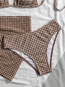 Swim Vcay 女款夏季海灘度假鮮豔花卉掛脖繫帶露背性感比基尼泳衣3件套 - 棕色 - 查看 7