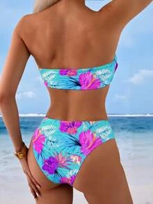 SHEIN Swim 2pcs/Set Women Floral Print Bandeau Bikini Set, Beachwear' For Summer Beach Vacation - Multicolor - View 2
