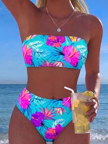 SHEIN Swim 2pcs/Set Women Floral Print Bandeau Bikini Set, Beachwear' For Summer Beach Vacation - Multicolor - View 1