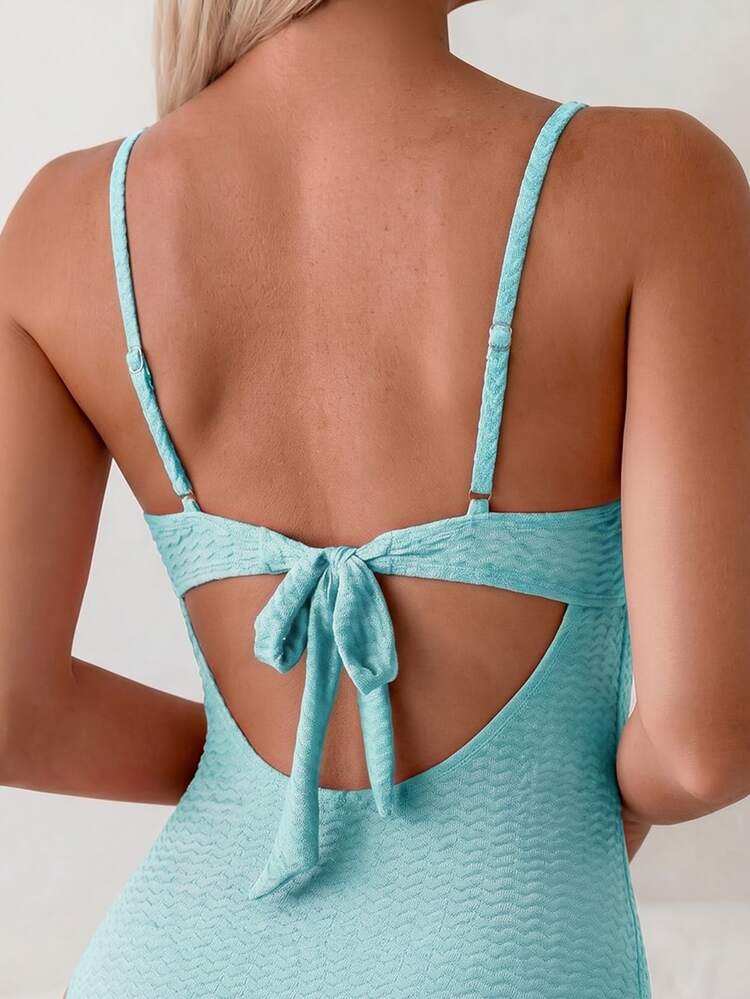 SHEIN Swim Women's Solid Color Textured Fabric Beaded Decor Sexy One-Piece Swimsuit For Beach Vacation - Blue - View 6
