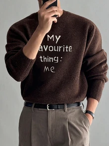 DAZY Autumn/Winter Brown Yarn White Letter Jacquard Loose Crew Neck Sweater - Brown - View 5