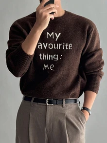 DAZY Autumn/Winter Brown Yarn White Letter Jacquard Loose Crew Neck Sweater - Brown - View 6