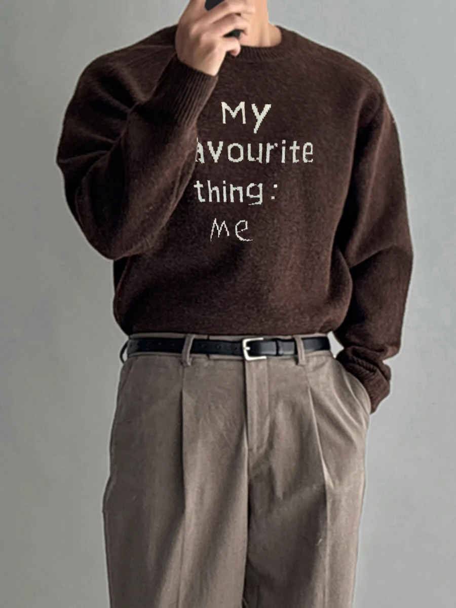DAZY Autumn/Winter Brown Yarn White Letter Jacquard Loose Crew Neck Sweater - Brown - View 1