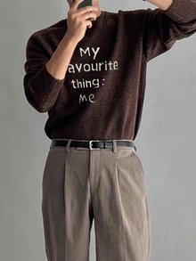 DAZY Autumn/Winter Brown Yarn White Letter Jacquard Loose Crew Neck Sweater - Brown - View 2