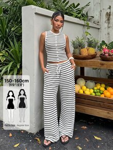 SHEIN PETITE 小碼女款休閒熱帶風兩件套：黑白條紋針織背心與長褲，度假夏季穿搭 - 黑與白 - 查看 4