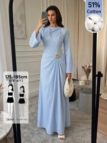 SHEIN Tall 女款長洋裝 嬰兒藍 秋季 成熟優雅 早午餐茶會風 - 藍色 - 查看 5