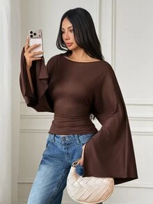 SHEIN PETITE New Autumn/Winter Brown Cape-Style Shawl Top For Petite Women - Brown - View 3