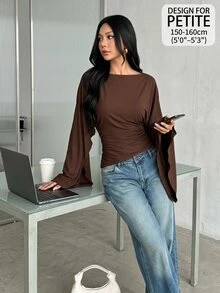 SHEIN PETITE New Autumn/Winter Brown Cape-Style Shawl Top For Petite Women - Brown - View 4