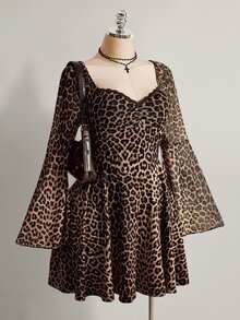 SHEIN ICON Plus Size Vintage Y2K Leopard Print Flare Sleeve Square Neck Ruched Waist A-Line Dress, Autumn Dress Fall - Multicolor - View 6