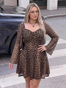 SHEIN ICON Plus Size Vintage Y2K Leopard Print Flare Sleeve Square Neck Ruched Waist A-Line Dress, Autumn Dress Fall - Multicolor - View 1