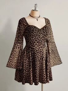 SHEIN ICON Plus Size Vintage Y2K Leopard Print Flare Sleeve Square Neck Ruched Waist A-Line Dress, Autumn Dress Fall - Multicolor - View 5