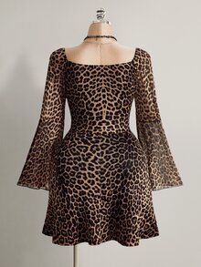 SHEIN ICON Plus Size Vintage Y2K Leopard Print Flare Sleeve Square Neck Ruched Waist A-Line Dress, Autumn Dress Fall - Multicolor - View 9