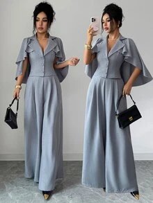 Elenzga Daily Commute Holiday Workplace Office Party Elegant Business Style Ruffle Cape Sleeve Lapel Cinched Waist Blazer Wide Leg Pants Set Solid Color Premium Gray Elegant Romantic - Grey - View 1