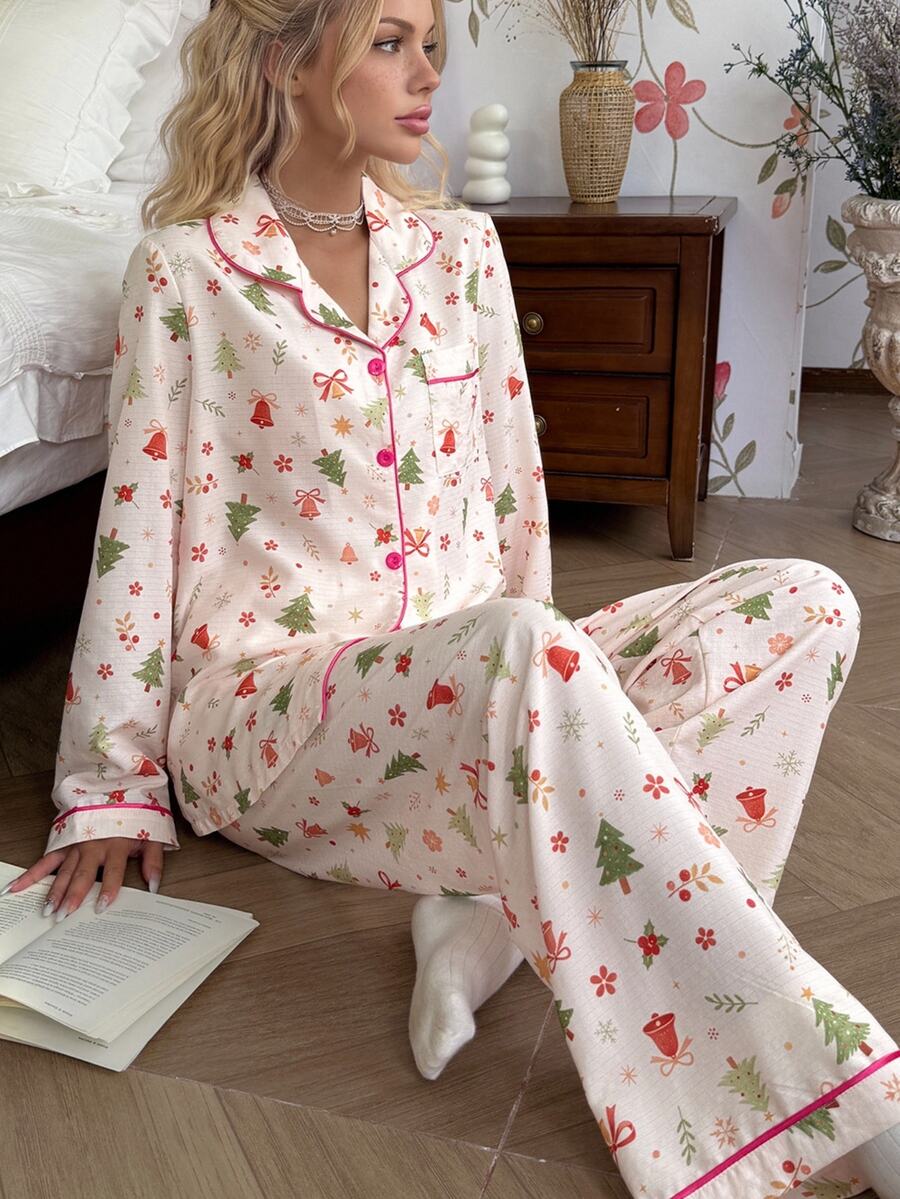 CottageSlumber Cute Christmas Holiday Atmosphere Print Long Sleeve Shirt & Pajama Pants 2 Pieces Set - Multicolor - View 1