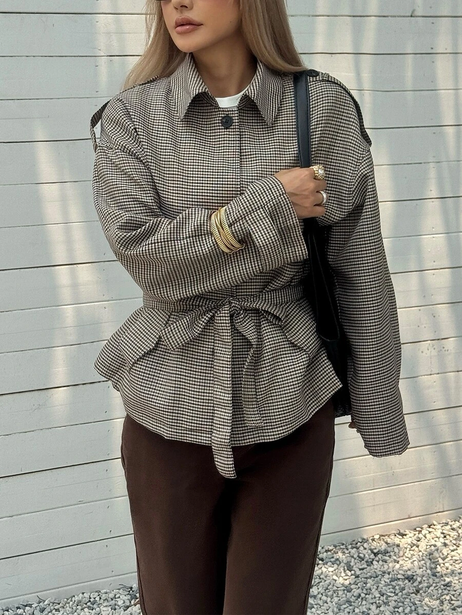 Elyressa 女款格紋落肩長袖單排扣休閒合身夾克 - 彩色 - 查看 1