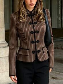 Yalmera Women's Autumn Striped Long Sleeve Chinese Style Jacket With Frog Button Design - Multicolor - View 5