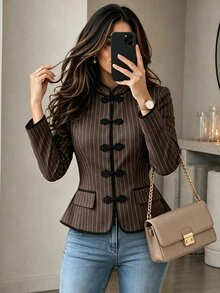 Yalmera Women's Autumn Striped Long Sleeve Chinese Style Jacket With Frog Button Design - Multicolor - View 1