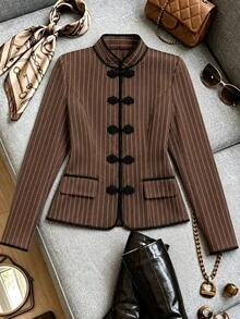 Yalmera Women's Autumn Striped Long Sleeve Chinese Style Jacket With Frog Button Design - Multicolor - View 8
