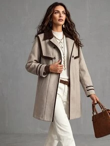 SHEIN Clasi Women's Autumn/Winter Contrast Color Lapel Long Sleeve Double Breasted Overcoat - Multicolor - View 6
