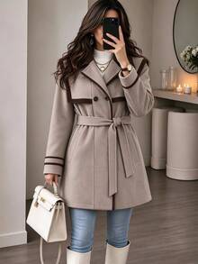 SHEIN Clasi Women's Autumn/Winter Contrast Color Lapel Long Sleeve Double Breasted Overcoat - Multicolor - View 7