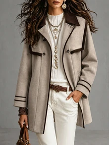 SHEIN Clasi Women's Autumn/Winter Contrast Color Lapel Long Sleeve Double Breasted Overcoat - Multicolor - View 3