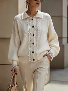 SHEIN LUNE Autumn/Winter New Sweet Lace Trim Loose Solid Color Versatile Knit Cardigan - Apricot - View 1
