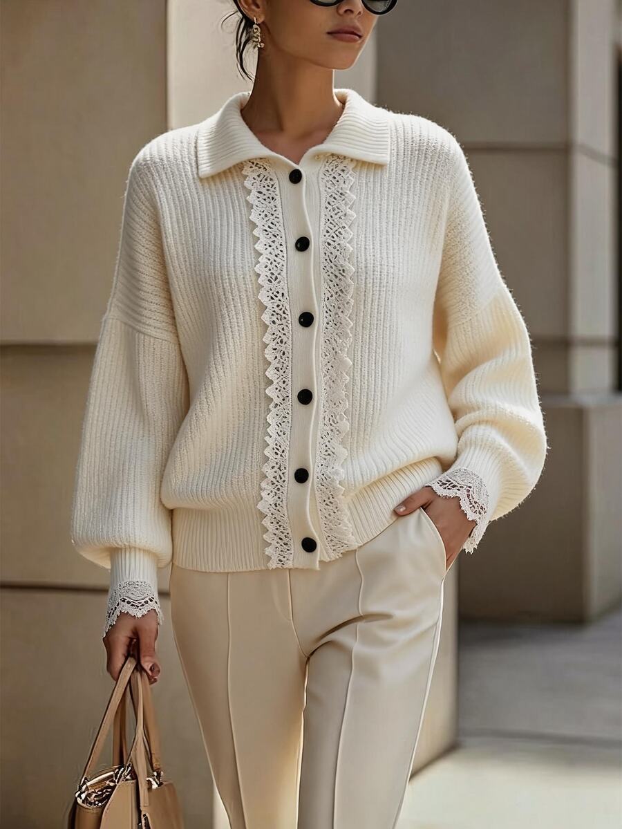 SHEIN LUNE Autumn/Winter New Sweet Lace Trim Loose Solid Color Versatile Knit Cardigan - Apricot - View 1